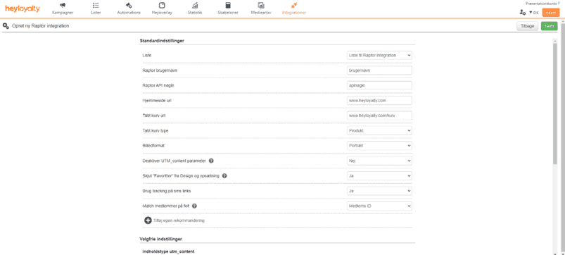 Raptor indstillinger