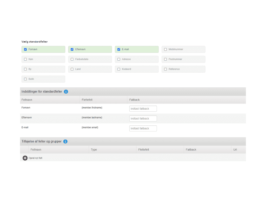 Standardfelter og nye felter