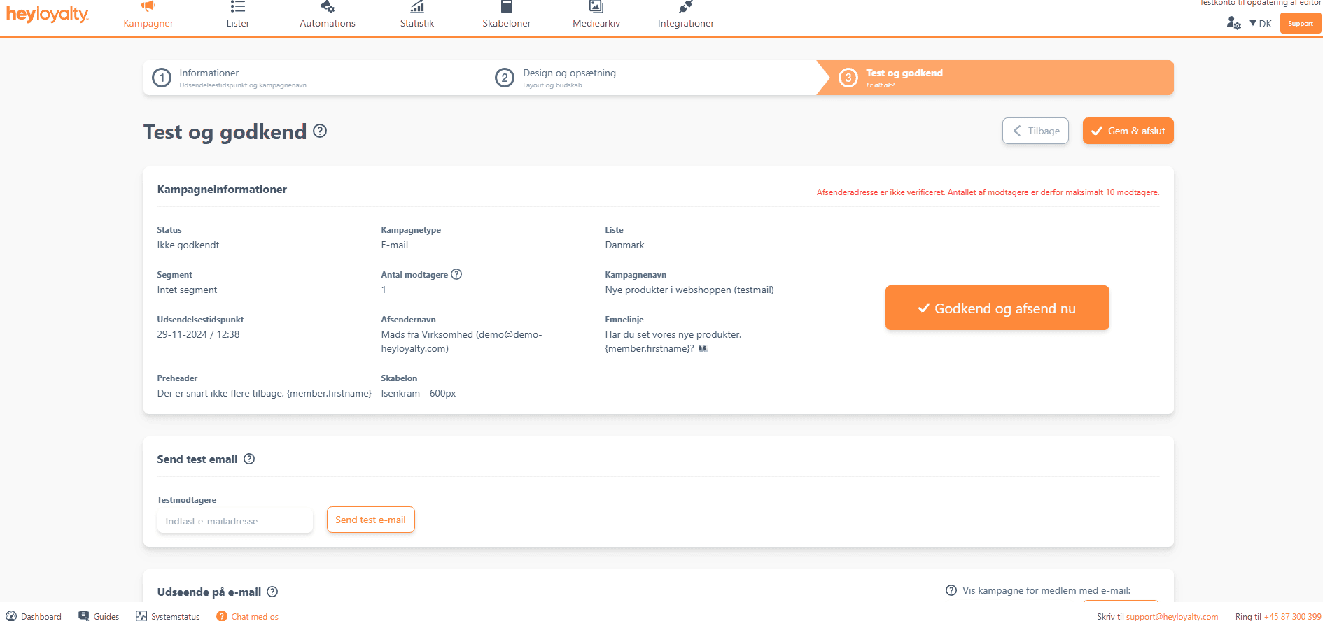 Tjek oplysninger og send testmail